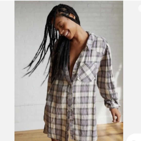 Free People Tunic Wild Side Plaid Tie Back Slouchy Oversized- Size Small - Picture 3 of 7